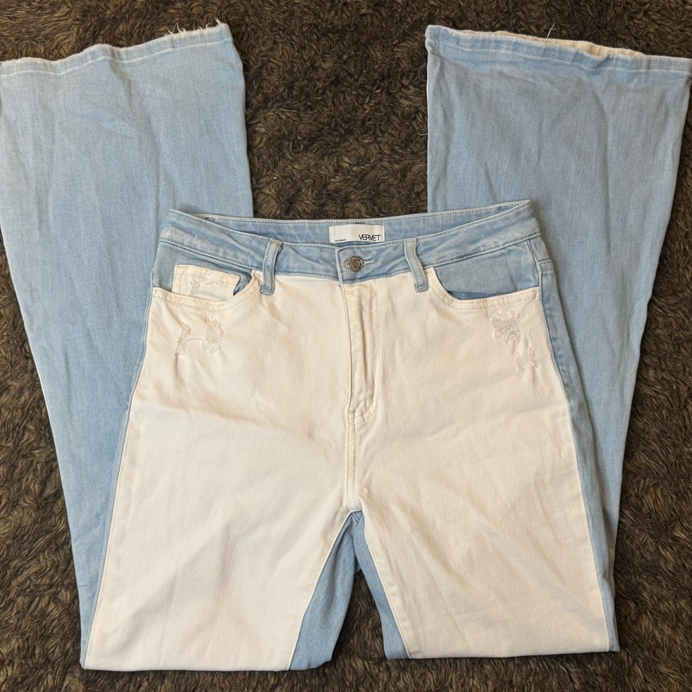 Blue and White Flare Wide Leg Jeans